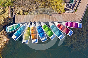 Above view of docked boats on a mountain lake