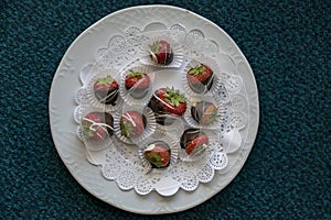 Above view of fancy chocolate coated strawberries