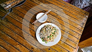 above view of fried rice with vegetables