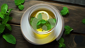 From Above View Of Glass Cup Of Green Tea With Leaves Of Mint And Slice Of Lemon Placed On Saucer On Wooden Background
