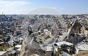 Above view of Goreme town with ancient houses and fairy chimneys in Cappadocia Turkey