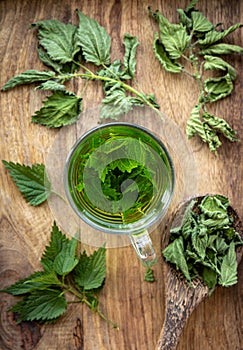 Above view of herbal tea made of dry Urtica dioica, known as common nettle.