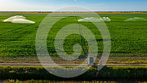 Aerial view on high pressure agricultural water sprinkler, sprayer, sending out jets of water to irrigate corn farm crops