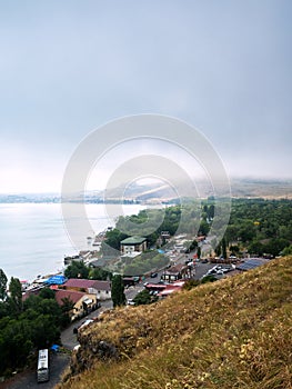 above view of parking area on Sevan lake, Armenia