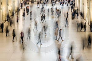 Above view of people walking in motion blur background