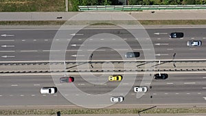 Above view of road traffic on a multilane road in city