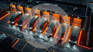 Above view of row of bus cargo trucks parked in a warehouse in night. Orange lights