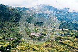 Above view of Sapa city with Tavan village rice field terraced