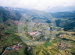 Above view of Sapa city with Tavan village rice field terraced
