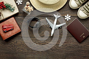 Above view shot of accessories fashion lifestyle to travel and Merry Christmas & Happy new year concept.