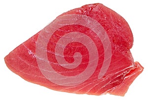 Above view of slice of raw tuna fish meat isolated