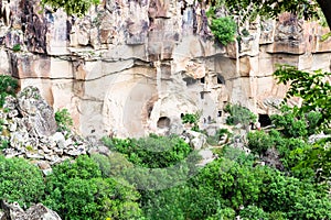 above view of slope with caves in Ihlara Valley