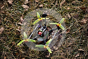 Above view of a static drone in the grass