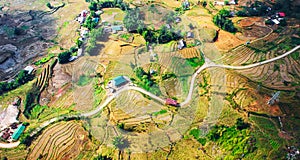 Above view of Tavan village and rice field terraced in valley at Sapa