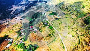 Above view of Tavan village and rice field terraced in valley at Sapa