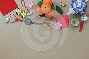 Above view of top decorations Chinese New Year festive background concept.