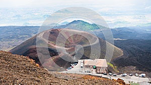 Above view on tourist camp on Etna volcano