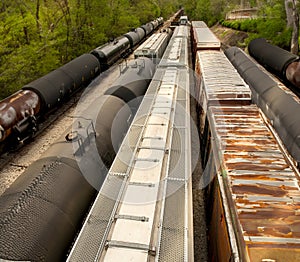 Above view of train cars on multiple tracks at a rail yard