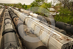 Above view of train cars on multiple tracks at a rail yard