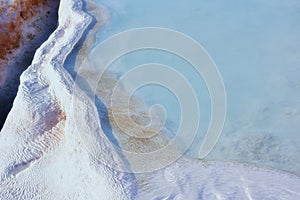 Above view of travertine pools and terraces in Pamukkale Turkey. Traveling abroad, overseas for holiday, vacation