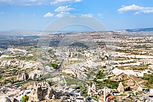 above view of Uchisar village and roads in valley