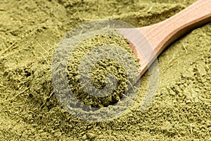 Above view of wooden spoon with milled stevia herb