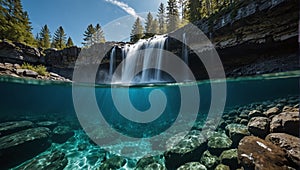 above water and underwater scene with waterfall falling from a cliff into a blue river