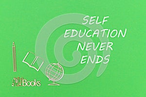 From above wooden minitures school supplies on green background with text self education never ends