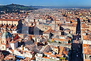 Abovel view on Piazza Maggiore from Asinelli tower in Bologna photo