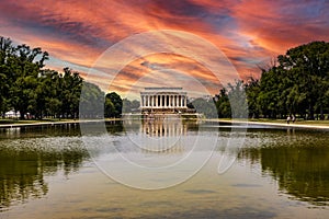 The Lincoln Memorial Temple reflected in the pool on the National Mall in Washington DC photo