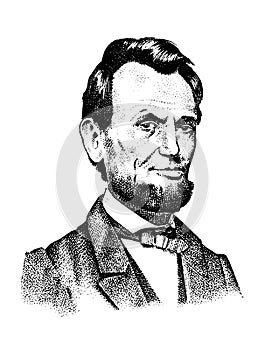 Abraham Lincoln portrait, 16th USA President. gentleman engraved hand drawn realistic in old vintage sketch.