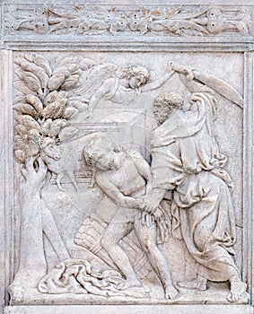 Abraham Sacrificing Isaac, relief on portal of Saint Petronius Basilica in Bologna photo