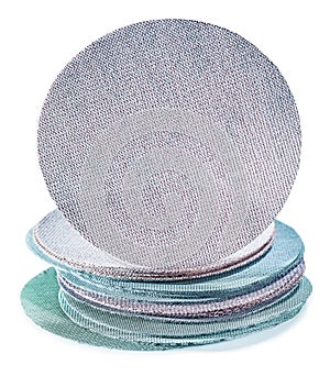 Abrasive tools adhesive dustless sanding discs stack with randoms grits isolated