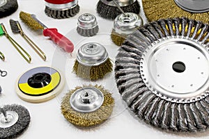 Abrasive tools and round brush set. Abrasive rotary wheels.Metal grinding and polishing.