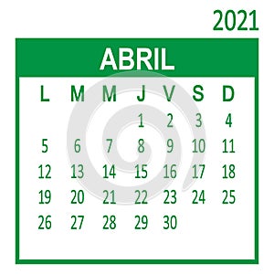 Abril April. Fourth page of set. Calendar 2020, template. Week starts from Lunes Monday. Vector photo