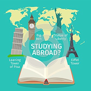 Abroad studying foreign languages concept. Colorful travel vector flat style illustration. photo