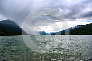 Abrupt mist over lake in National Park in Patagonia, Provincia de Tierra del Fuego, Argentina