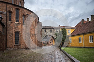 The Absalon Arch between bishop's palace and Gothic Roskilde Cathedral. Denmark