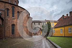 The Absalon Arch between bishop\'s palace and Gothic Roskilde Cathedral. Denmark