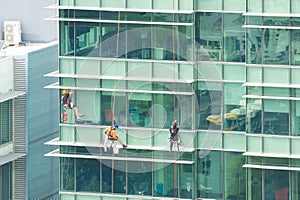 Abseiling window cleaners work on office building