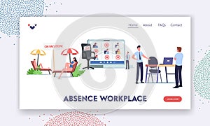 Absence Workplace Landing Page Template. Upset Company Boss Character Stand at Empty Desk in Office, Employees Relaxing