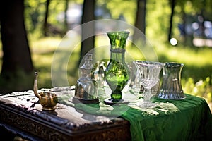 absinthe glassware and bottle on a sunny picnic day