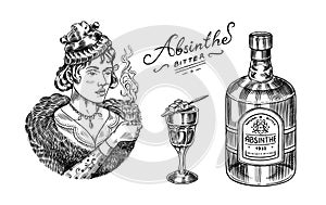 Absinthe label badge. Bottle and Shot glass. Victorian woman holding a toast drink. Strong Alcohol logo with
