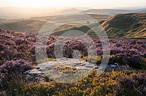 Absolutely beautiful sunset landscape image looking from Higger Tor in Peak District across to Hope Vally in late Summer with