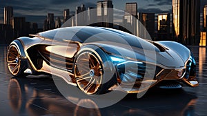 Absolutely futuristic unreal car model on the dark city background