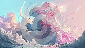 Absolutely stunning Generative Ai illustration of wave and cloud texture combined to create abstract surreal landscape background