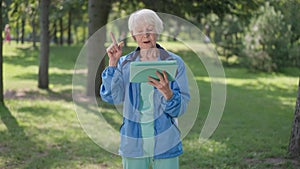 Absorbed Caucasian senior woman surfing Internet on tablet in park gesturing I got an idea in slow motion. Portrait of