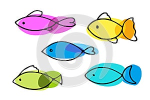 Absrtact Fish icon set. Sketch of fish vector icons isolated on white background. Set of varieties cartoon fishes. Flat