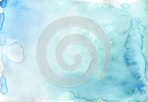 Absrtact soft watercolor backgraund. Hand painted light watercolor blue sky and clouds art, turquoise vibrant paper texture