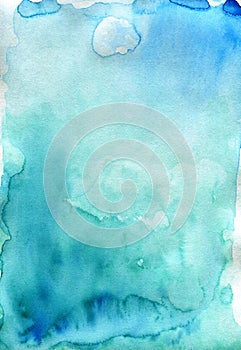 Absrtact soft watercolor backgraund. Hand painted light watercolor blue sky and clouds art, turquoise vibrant paper texture